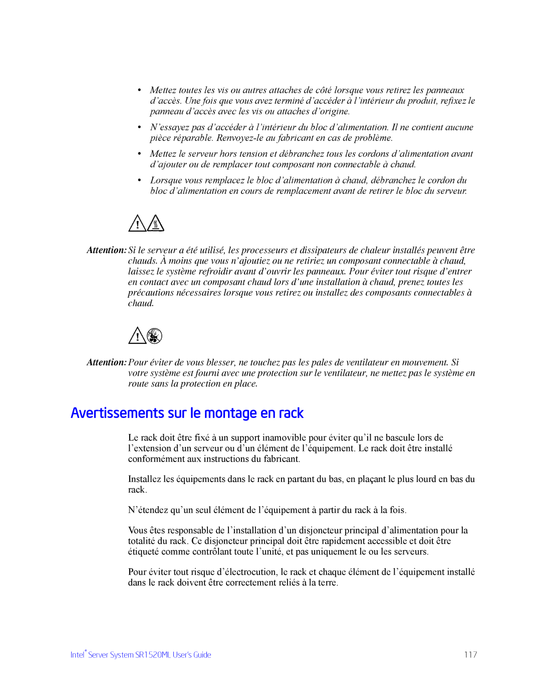 Intel SR1520ML manual Avertissements sur le montage en rack 