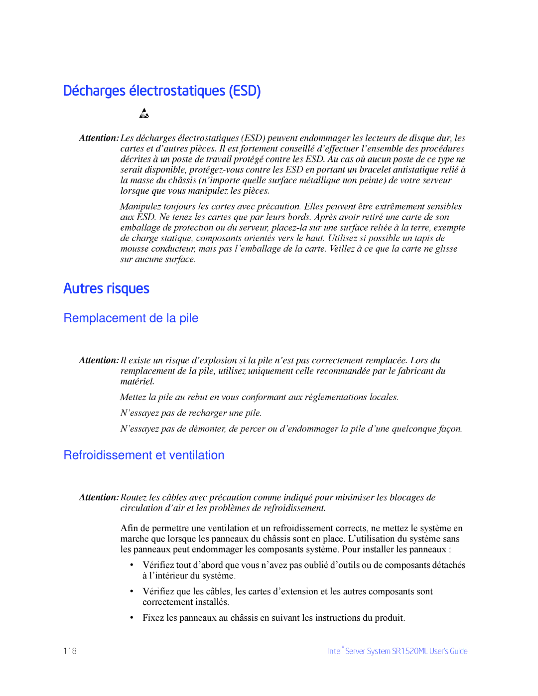 Intel SR1520ML Décharges électrostatiques ESD, Autres risques, Remplacement de la pile, Refroidissement et ventilation 