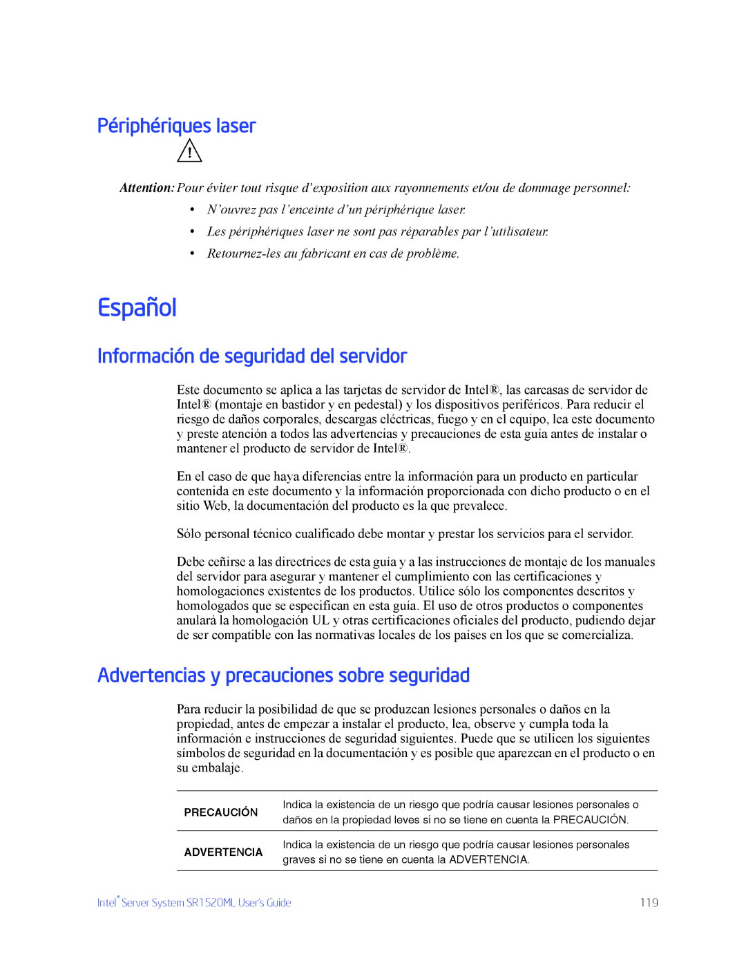 Intel SR1520ML Périphériques laser, Información de seguridad del servidor, Advertencias y precauciones sobre seguridad 