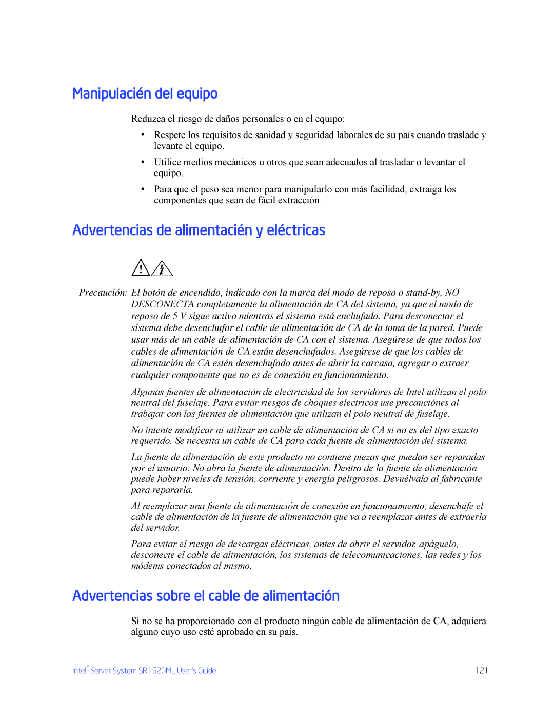 Intel SR1520ML manual Manipulacién del equipo, Advertencias de alimentacién y eléctricas 