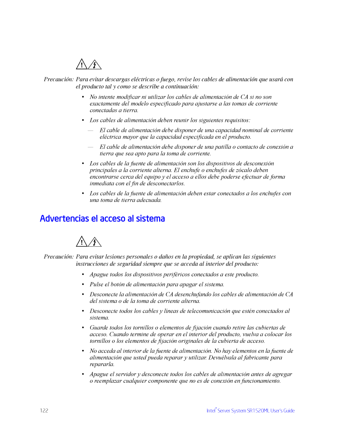 Intel SR1520ML manual Advertencias el acceso al sistema 