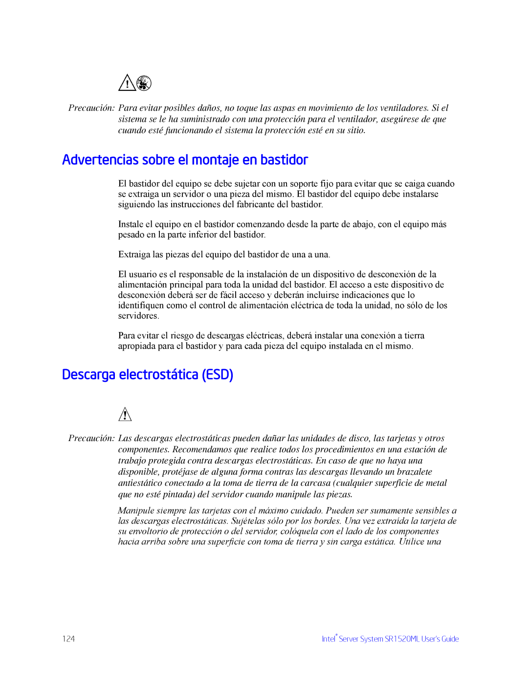 Intel SR1520ML manual Advertencias sobre el montaje en bastidor, Descarga electrostática ESD 