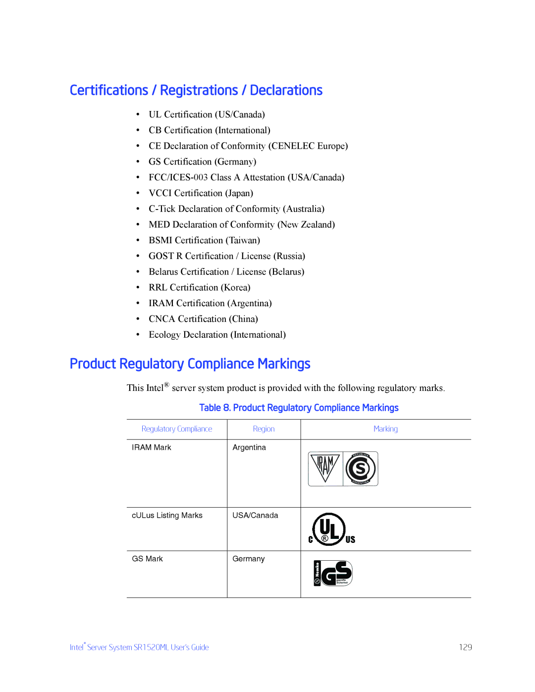 Intel SR1520ML manual Certifications / Registrations / Declarations, Product Regulatory Compliance Markings 