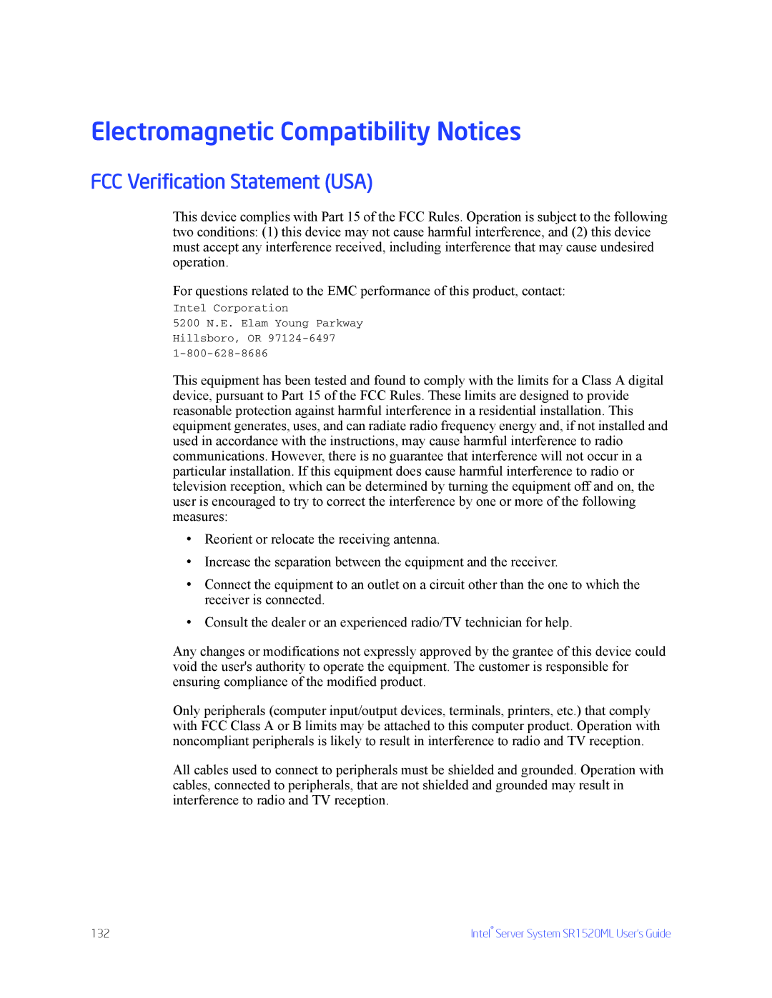 Intel SR1520ML manual Electromagnetic Compatibility Notices, FCC Verification Statement USA 