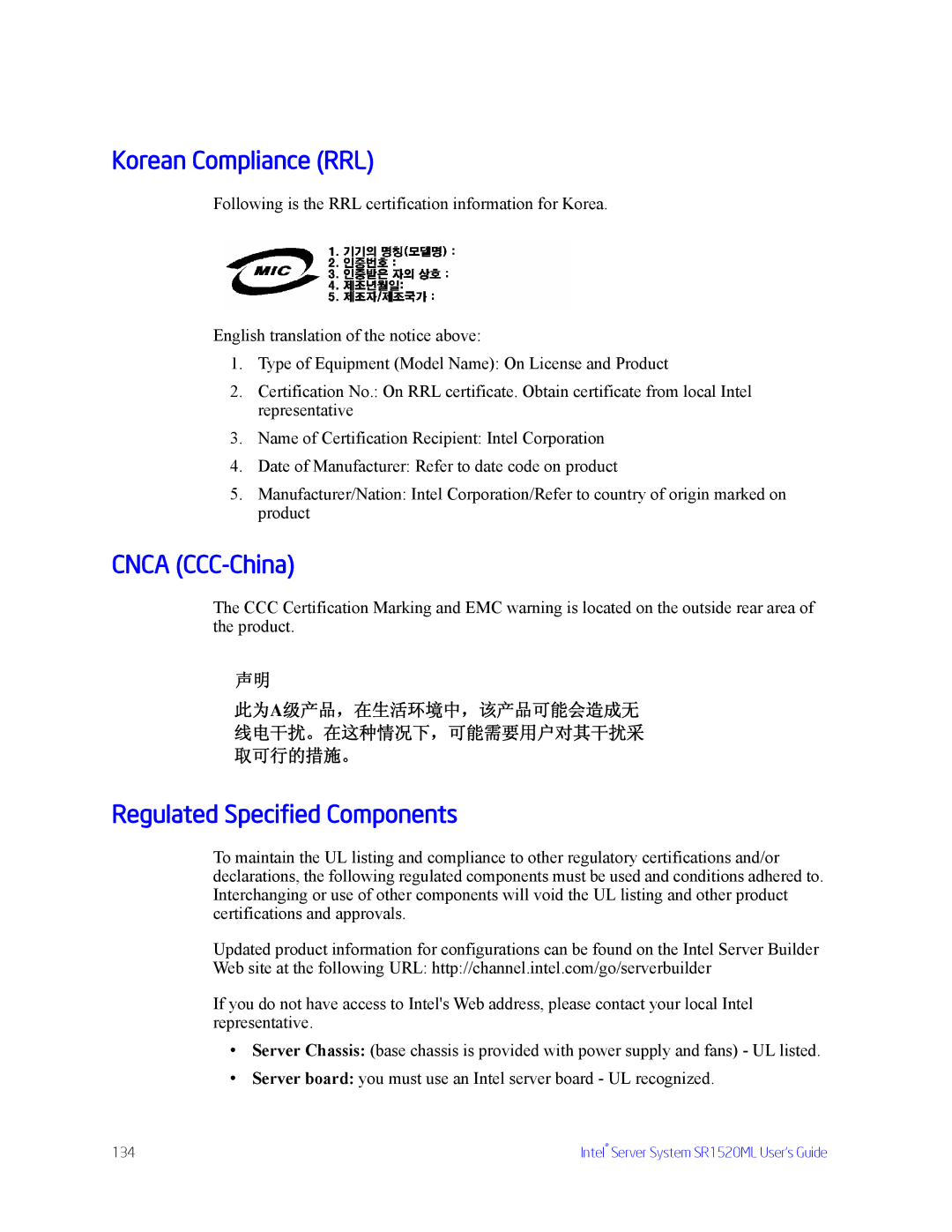 Intel SR1520ML manual Korean Compliance RRL, Cnca CCC-China, Regulated Specified Components 