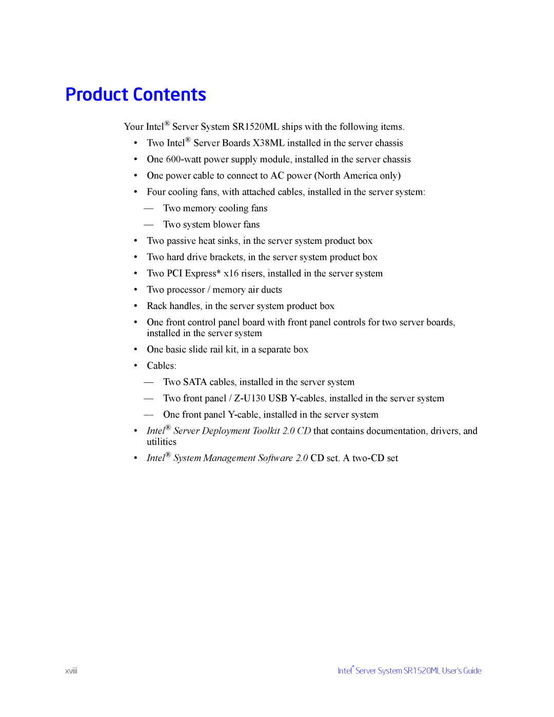 Intel SR1520ML manual Product Contents 