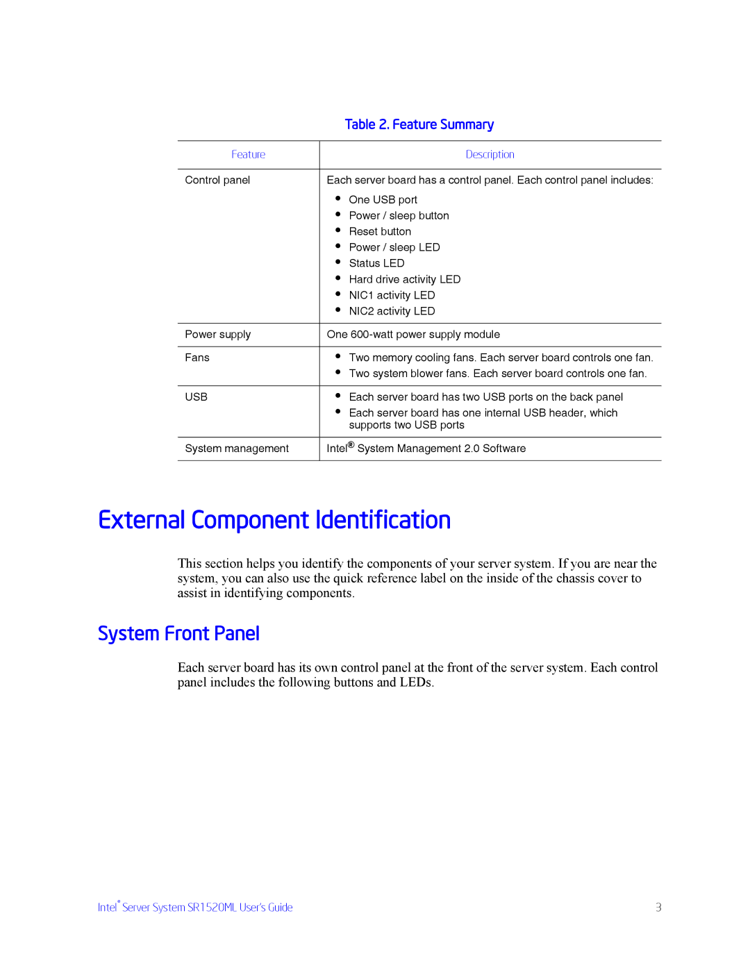 Intel SR1520ML manual External Component Identification, System Front Panel 