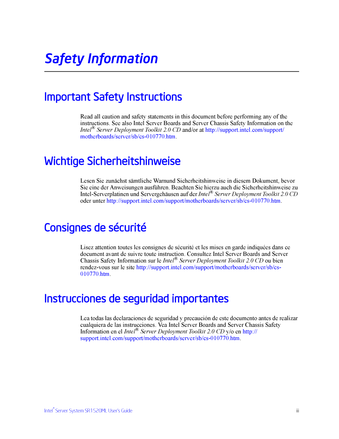 Intel SR1520ML manual Safety Information 