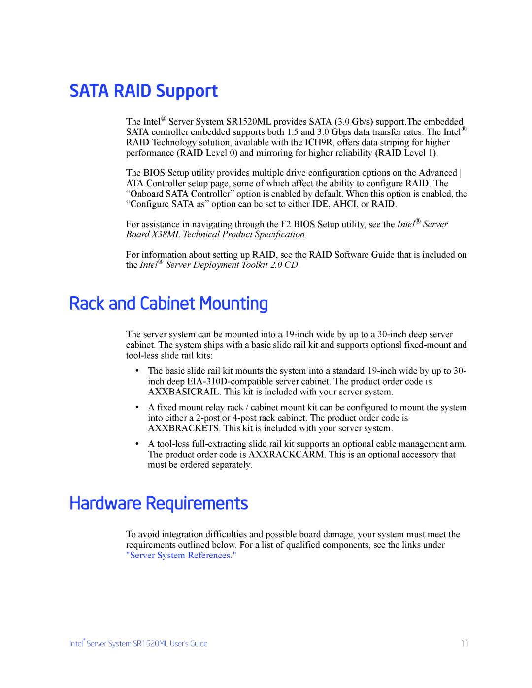 Intel SR1520ML manual Rack and Cabinet Mounting, Hardware Requirements 