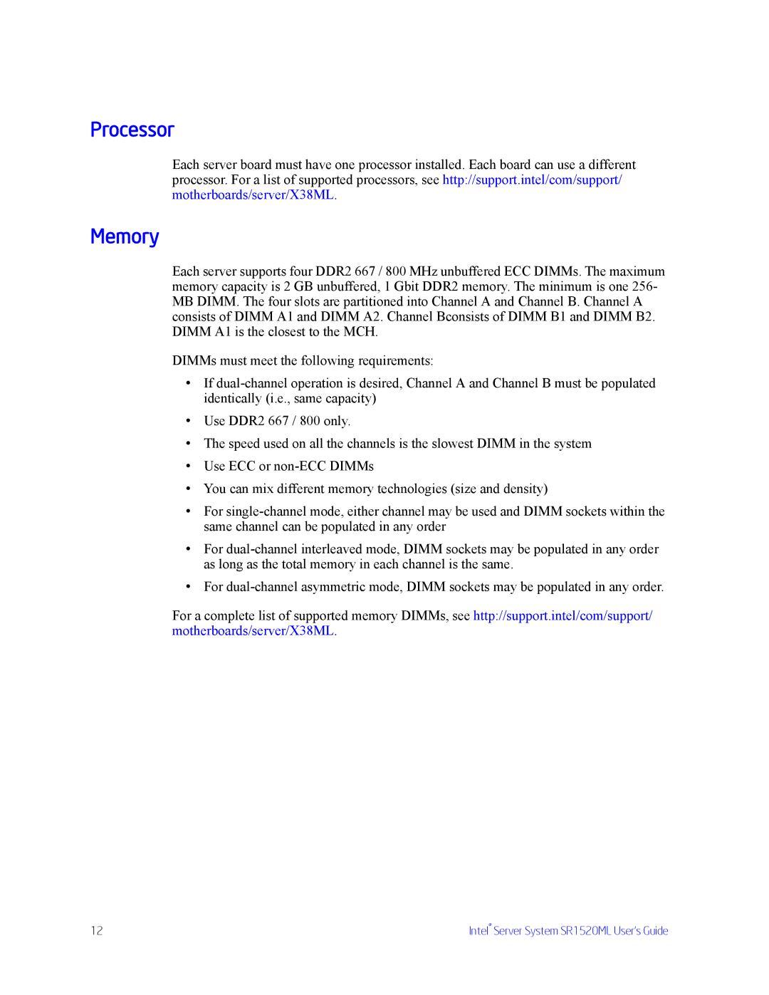 Intel SR1520ML manual Processor, Memory 