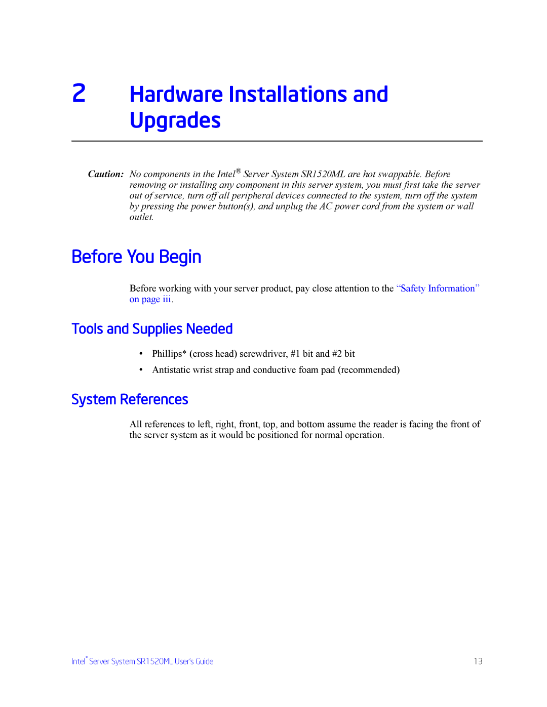 Intel SR1520ML manual Before You Begin, Tools and Supplies Needed, System References 