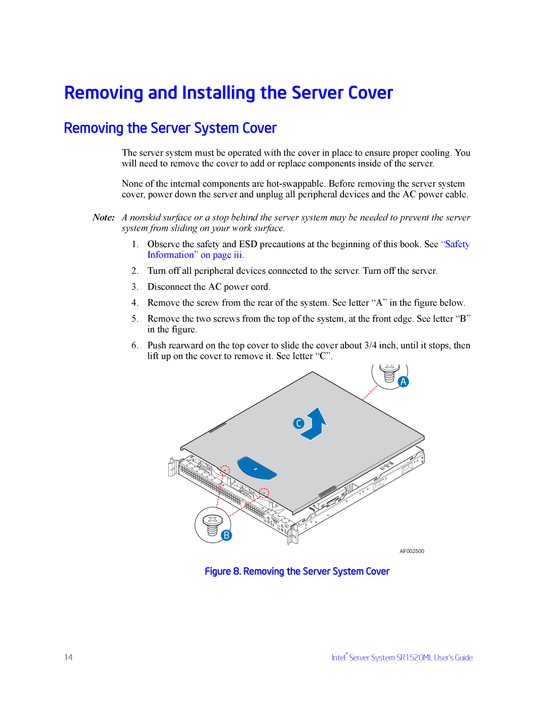 Intel SR1520ML manual Removing and Installing the Server Cover, Removing the Server System Cover 