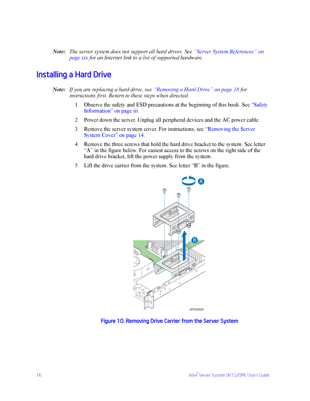 Intel SR1520ML manual Installing a Hard Drive, Removing Drive Carrier from the Server System 