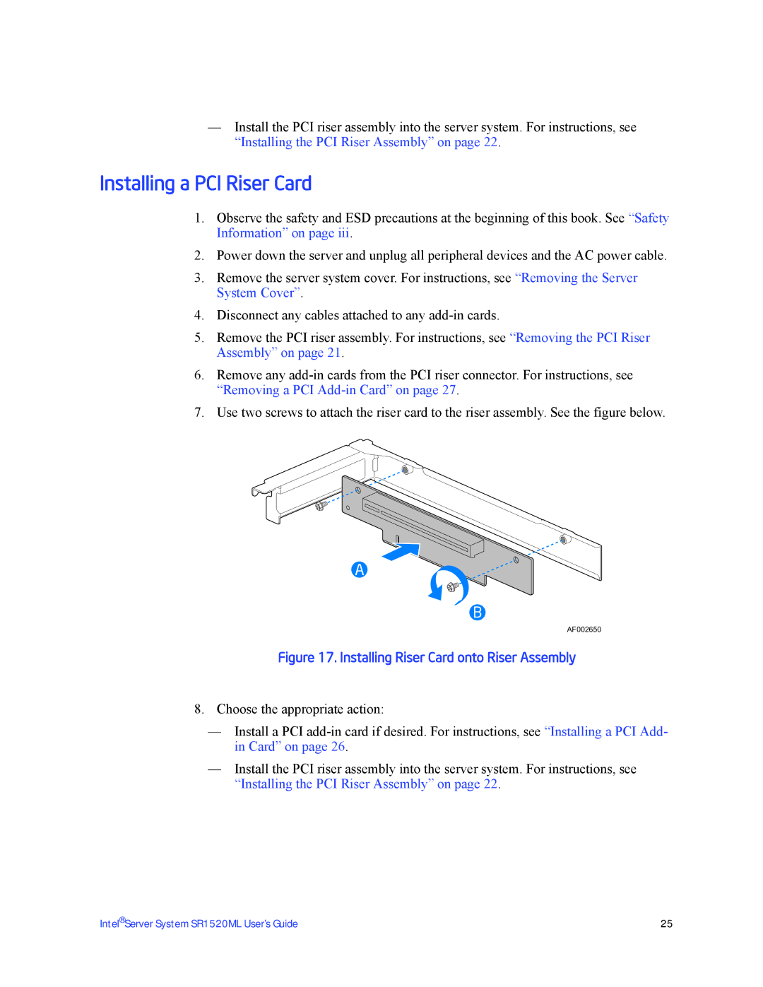 Intel SR1520ML manual Installing a PCI Riser Card, Installing Riser Card onto Riser Assembly 