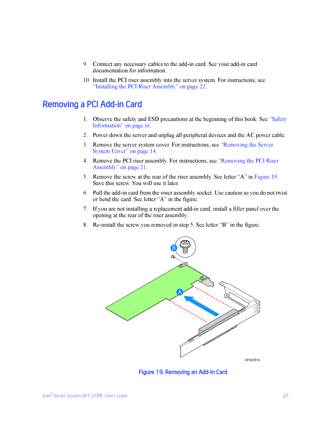 Intel SR1520ML manual Removing a PCI Add-in Card, Removing an Add-In Card 