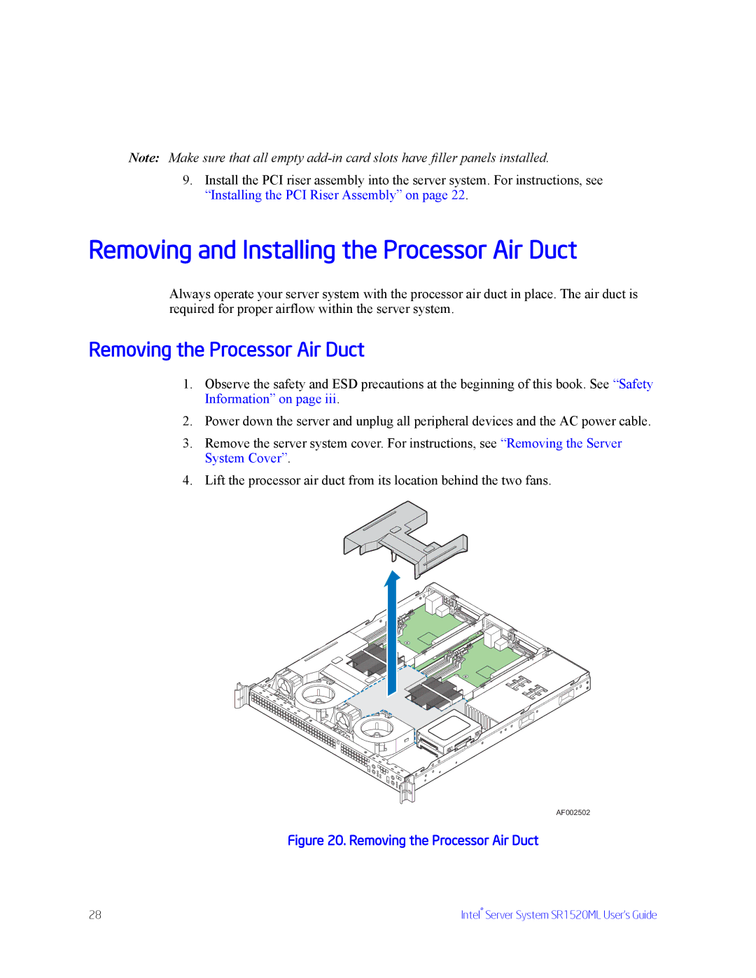 Intel SR1520ML manual Removing and Installing the Processor Air Duct, Removing the Processor Air Duct 