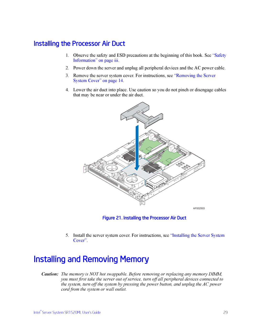 Intel SR1520ML manual Installing and Removing Memory, Installing the Processor Air Duct 