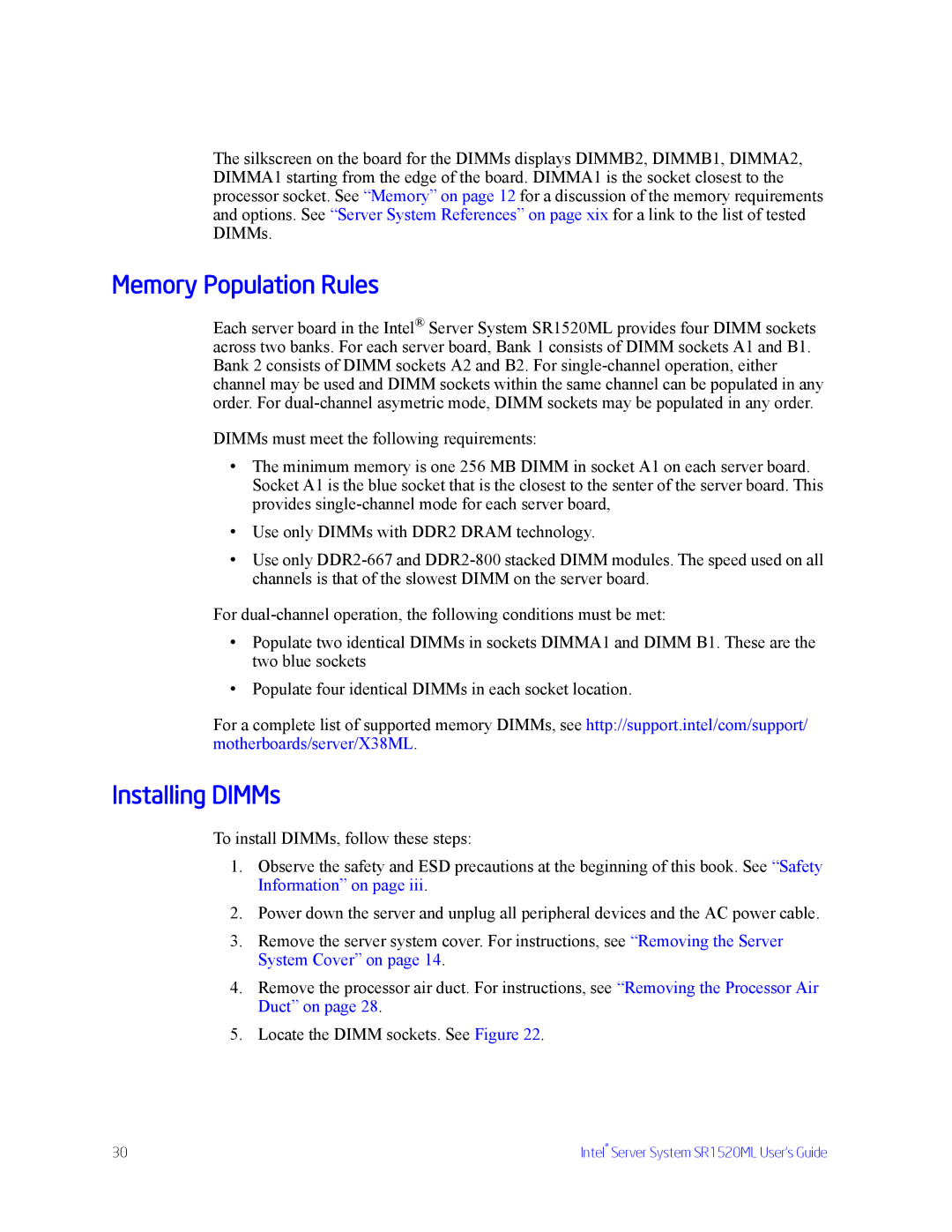 Intel SR1520ML manual Memory Population Rules, Installing DIMMs 