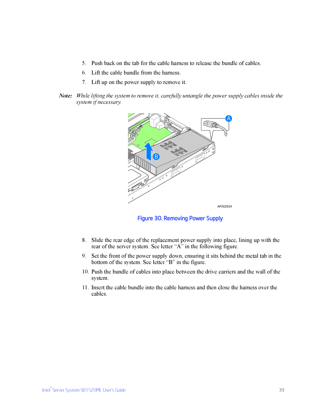 Intel SR1520ML manual Removing Power Supply 