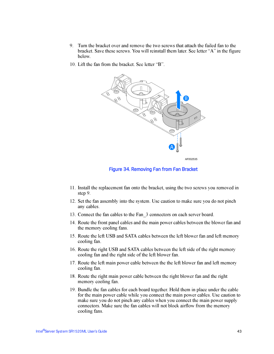 Intel SR1520ML manual Removing Fan from Fan Bracket 