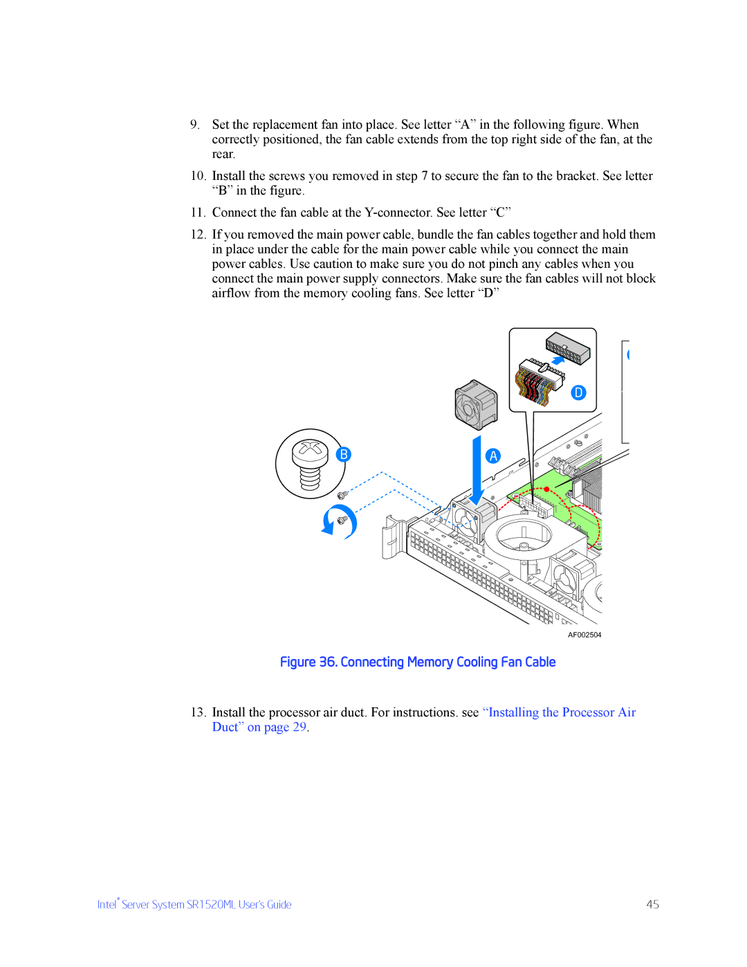 Intel SR1520ML manual Connecting Memory Cooling Fan Cable 