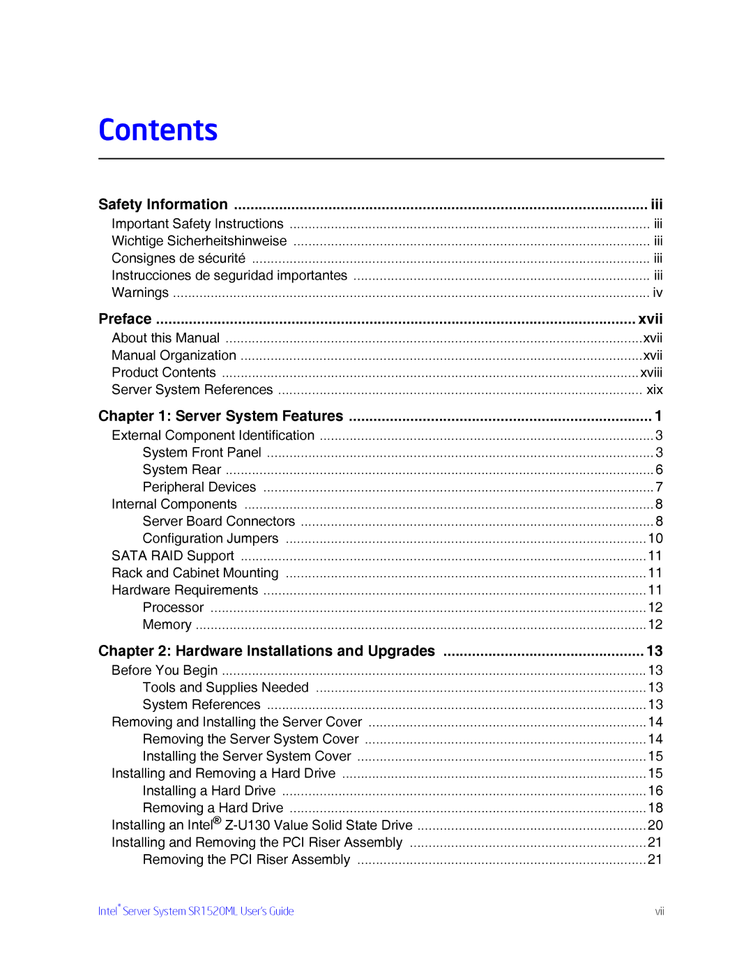 Intel SR1520ML manual Contents 