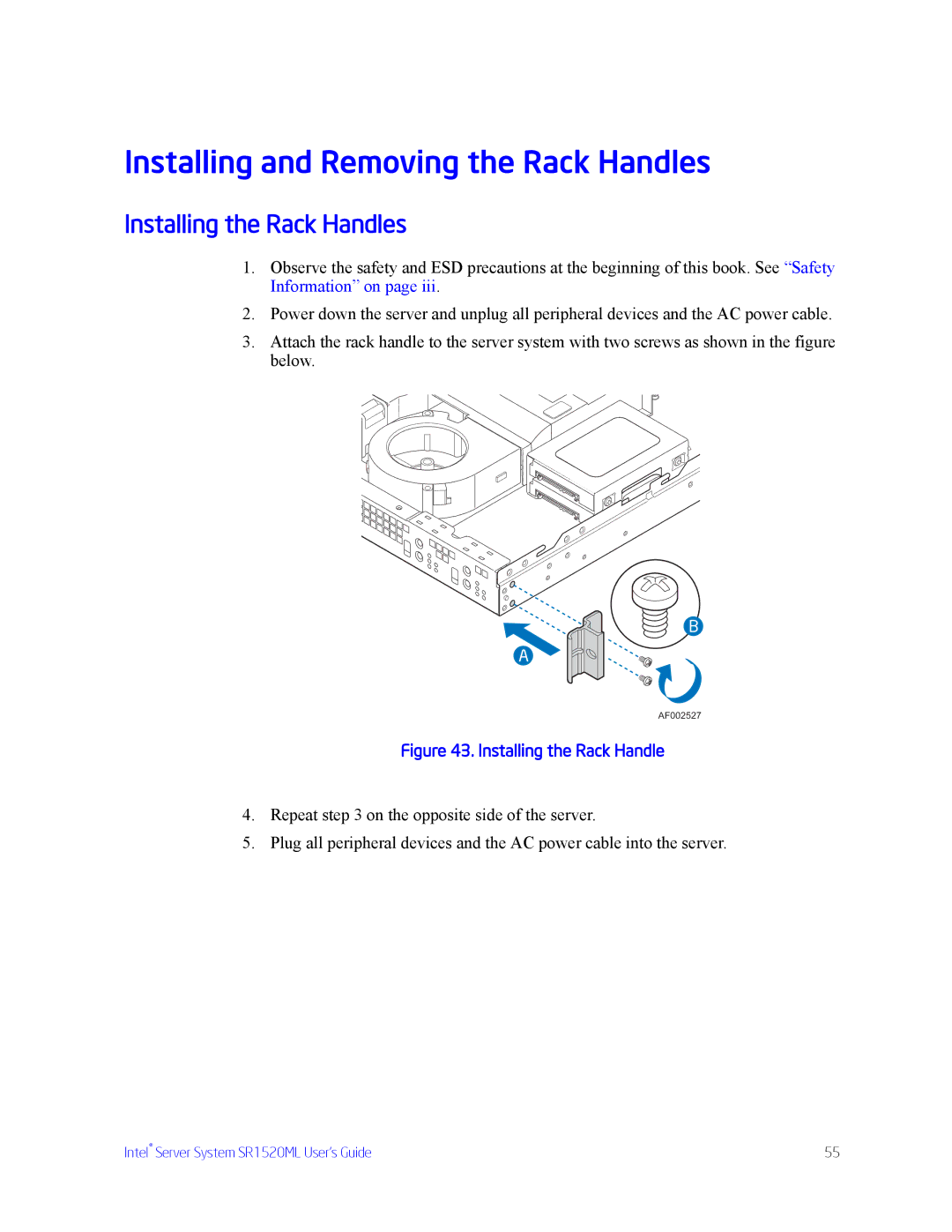 Intel SR1520ML manual Installing and Removing the Rack Handles, Installing the Rack Handles 