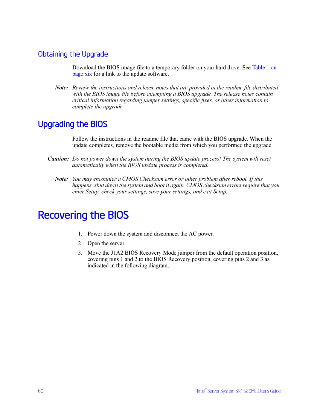 Intel SR1520ML manual Recovering the Bios, Upgrading the Bios, Obtaining the Upgrade 