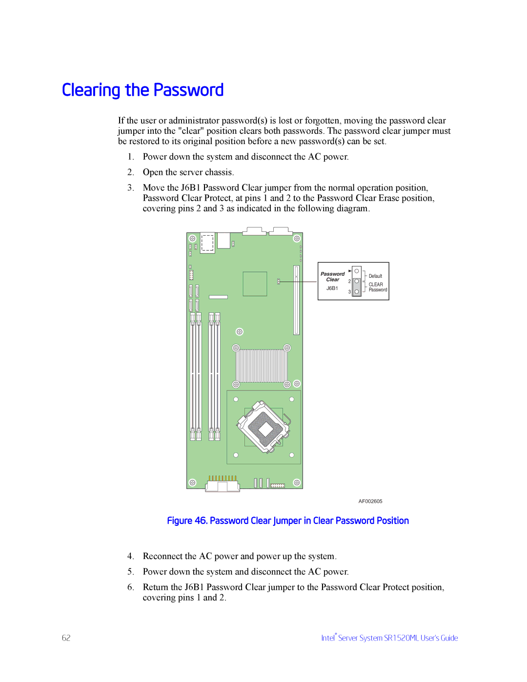 Intel SR1520ML manual Clearing the Password, Password Clear Jumper in Clear Password Position 