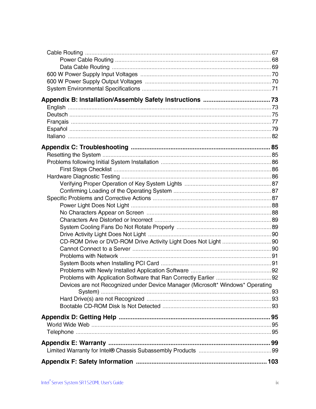 Intel SR1520ML manual Appendix B Installation/Assembly Safety Instructions 