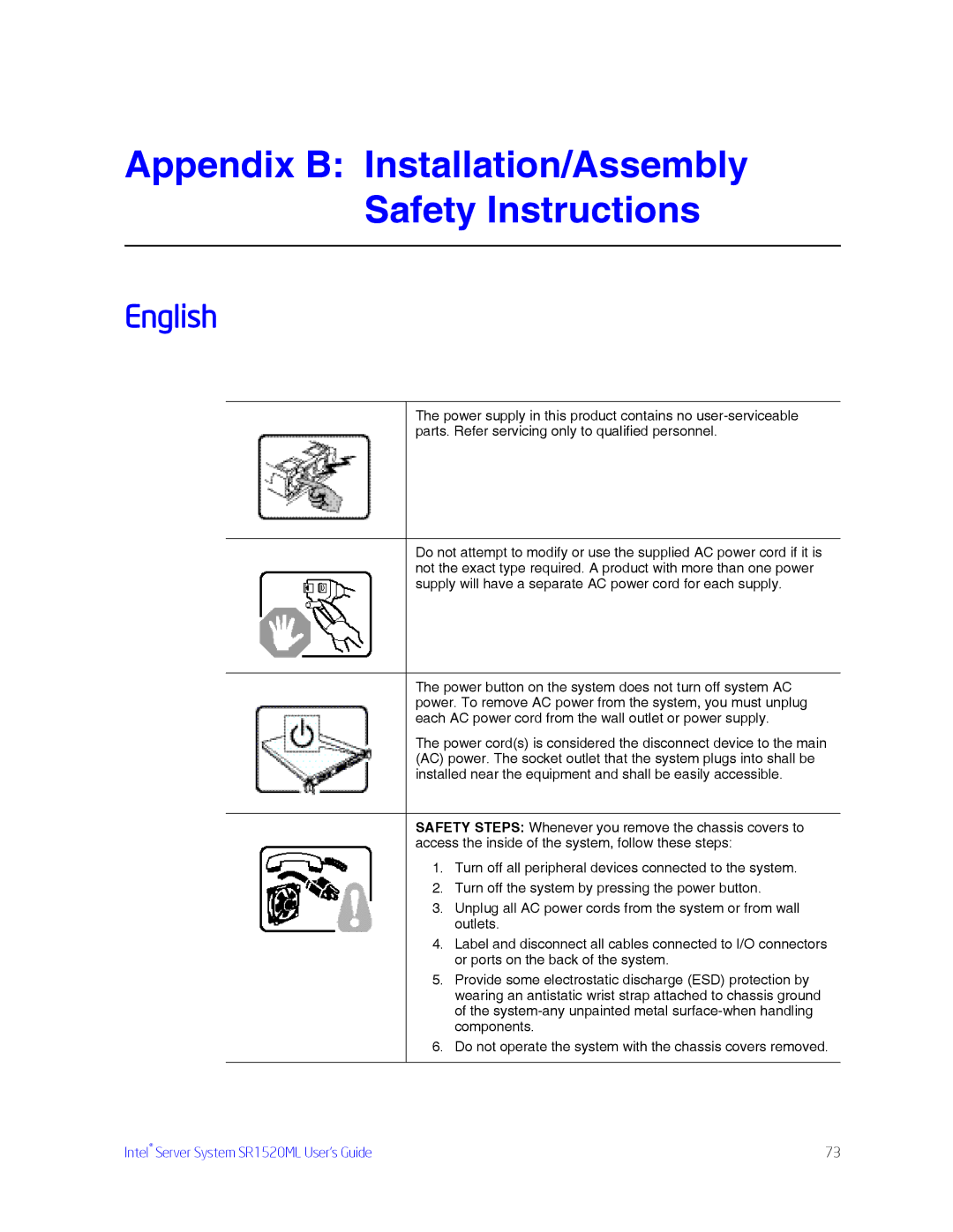 Intel SR1520ML manual Appendix B Installation/Assembly Safety Instructions, English 