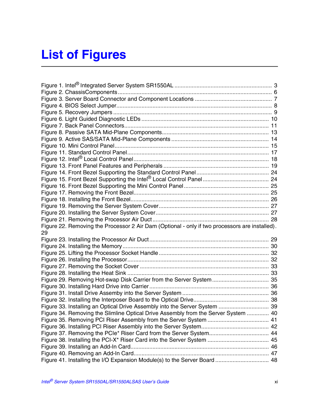 Intel SR1550ALSAS manual List of Figures, Intel Integrated Server System SR1550AL 