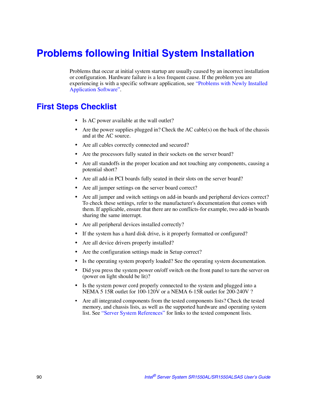 Intel SR1550ALSAS manual Problems following Initial System Installation, First Steps Checklist 