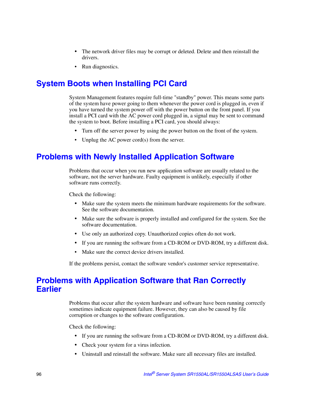 Intel SR1550ALSAS manual System Boots when Installing PCI Card, Problems with Newly Installed Application Software 