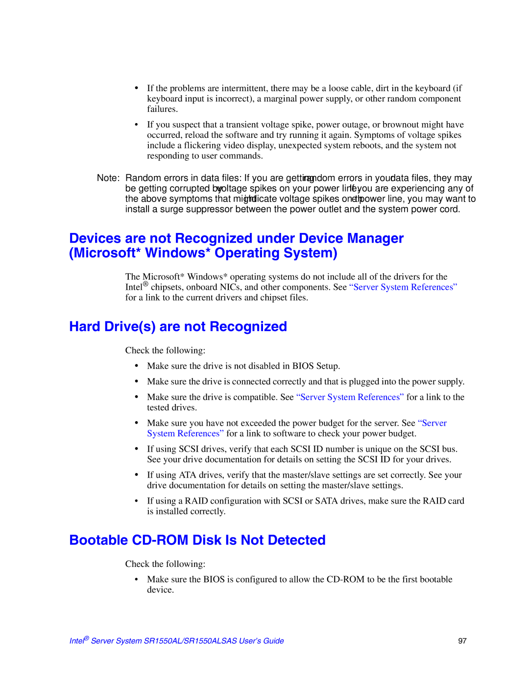 Intel SR1550ALSAS manual Hard Drives are not Recognized, Bootable CD-ROM Disk Is Not Detected 