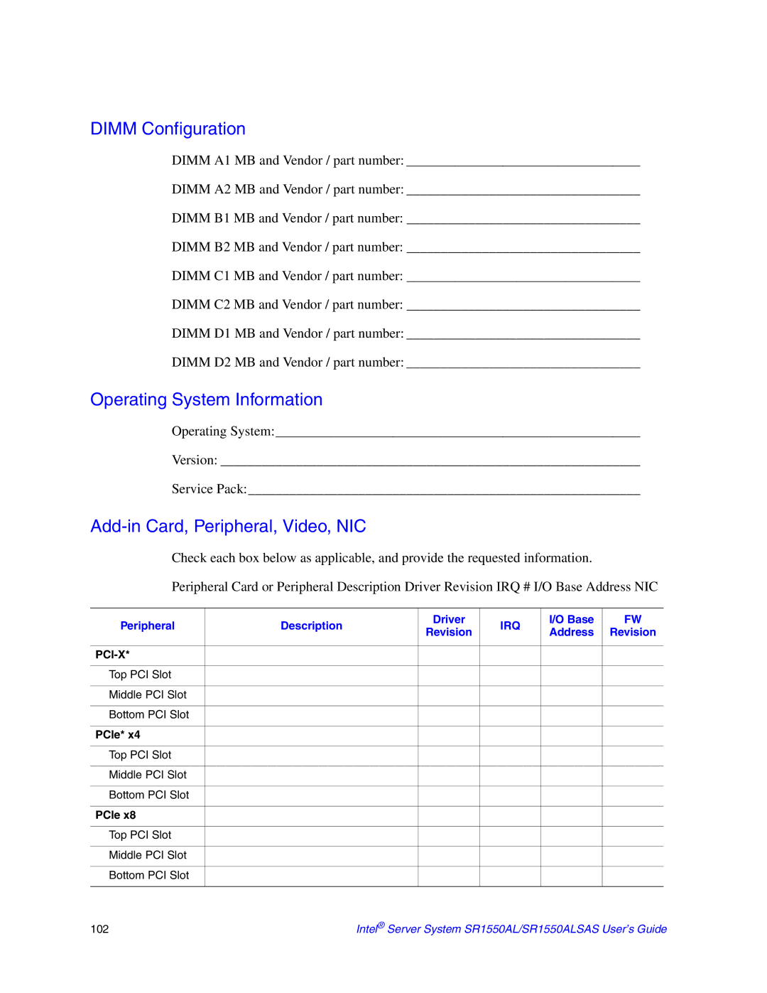 Intel SR1550ALSAS manual Dimm Configuration, Operating System Information, Add-in Card, Peripheral, Video, NIC 