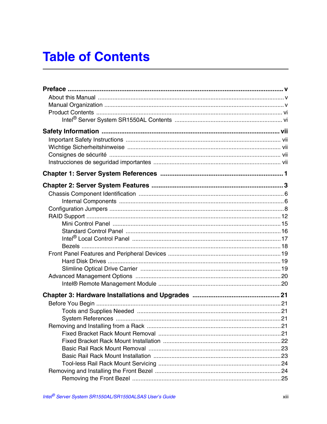 Intel SR1550ALSAS manual Table of Contents 