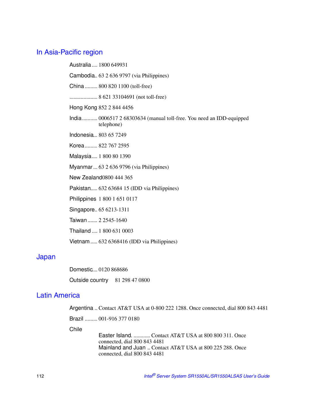 Intel SR1550ALSAS manual Asia-Pacific region, Japan, Latin America 