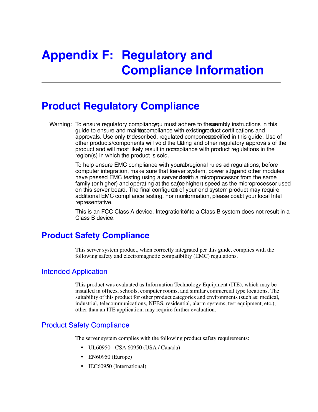 Intel SR1550AL Appendix F Regulatory and Compliance Information, Product Regulatory Compliance, Product Safety Compliance 