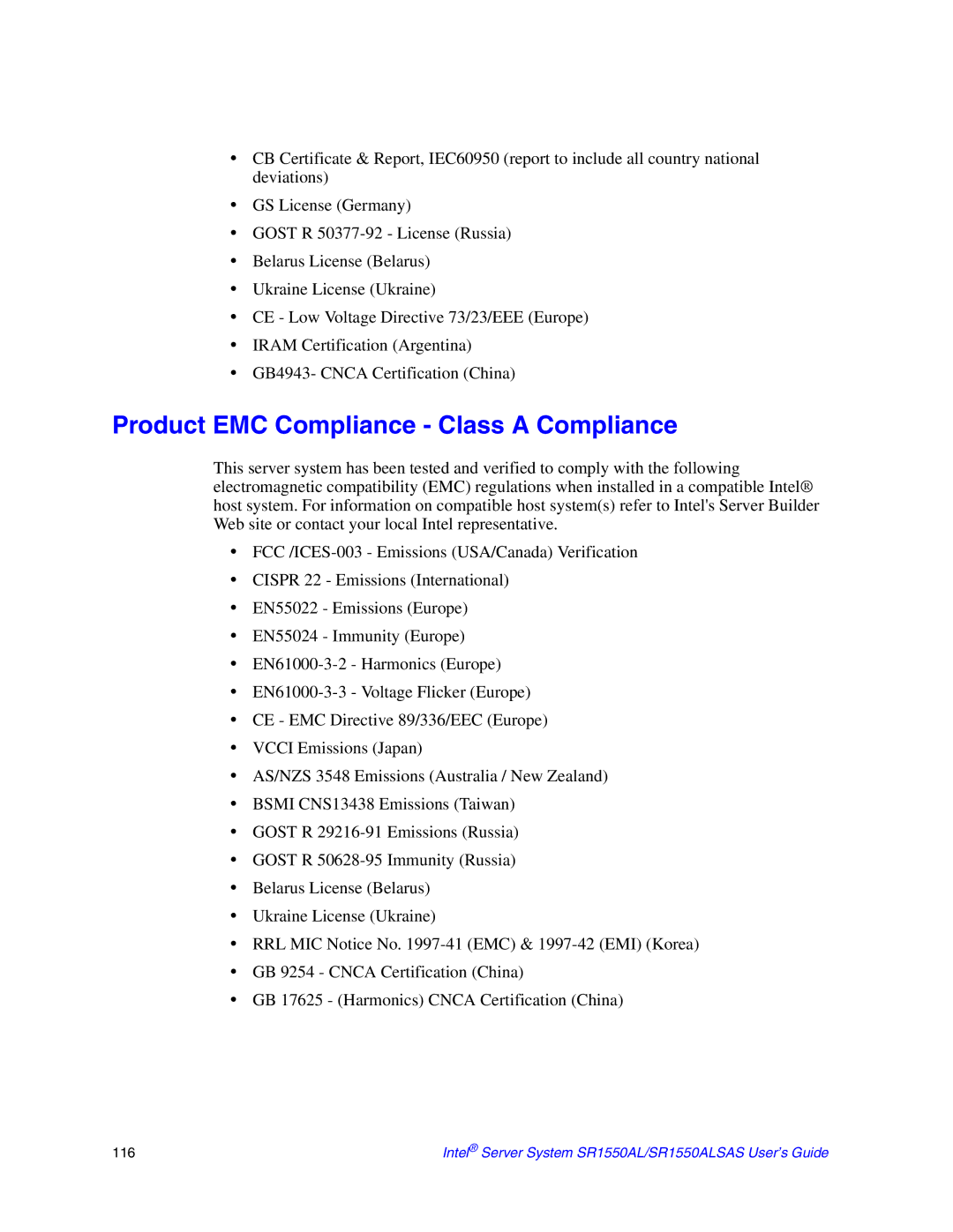 Intel SR1550ALSAS manual Product EMC Compliance Class a Compliance 