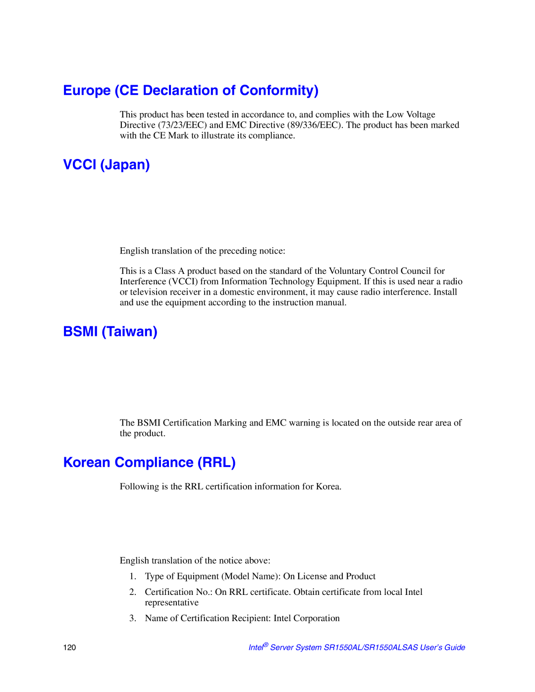 Intel SR1550ALSAS manual Europe CE Declaration of Conformity, Vcci Japan, Bsmi Taiwan, Korean Compliance RRL 