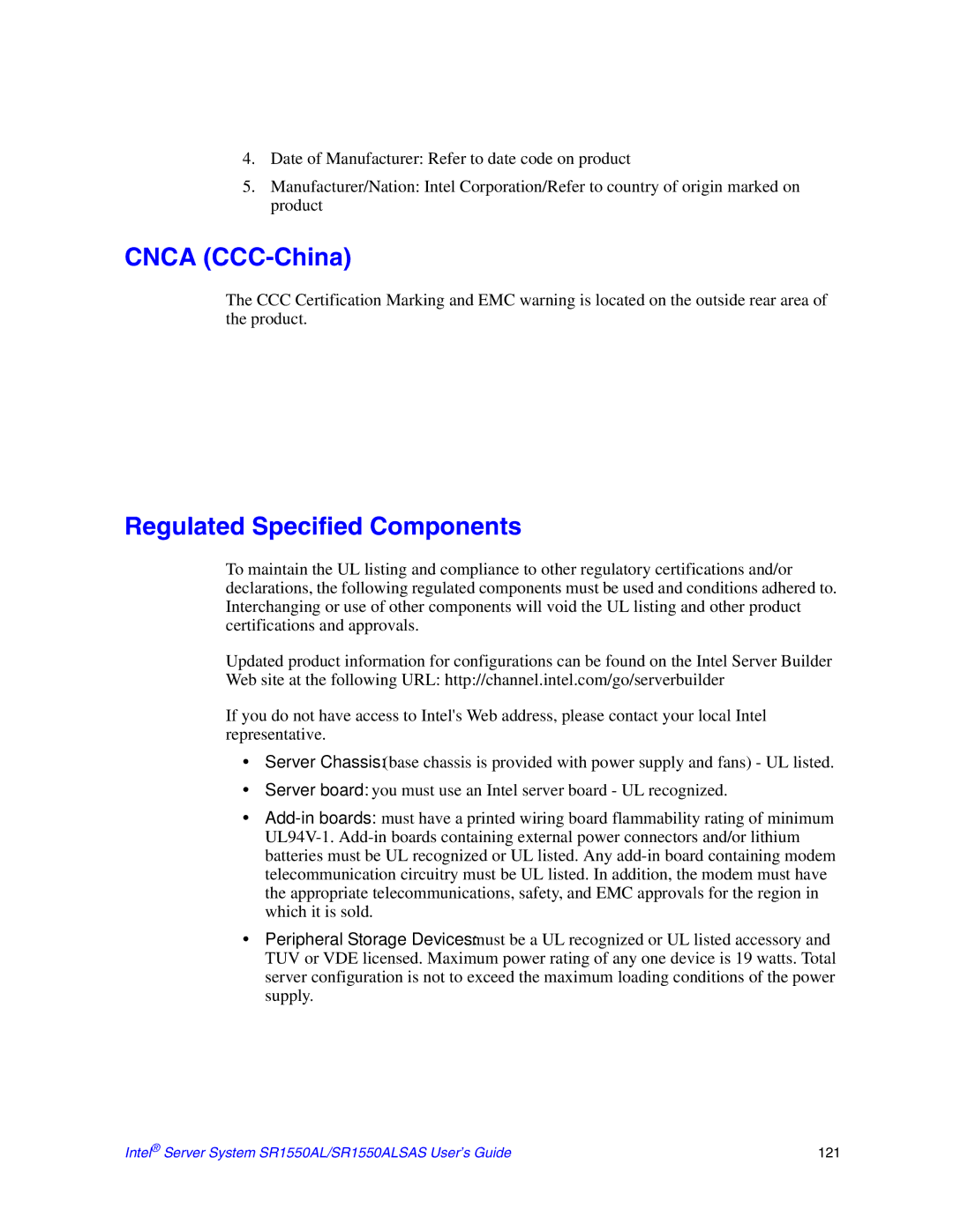 Intel SR1550ALSAS manual Cnca CCC-China, Regulated Specified Components 