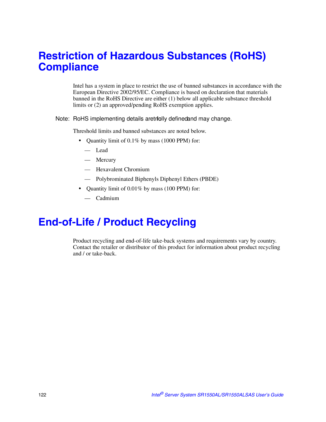 Intel SR1550ALSAS manual Restriction of Hazardous Substances RoHS Compliance, End-of-Life / Product Recycling 