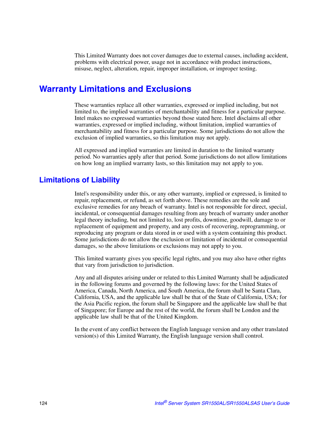 Intel SR1550ALSAS manual Warranty Limitations and Exclusions, Limitations of Liability 