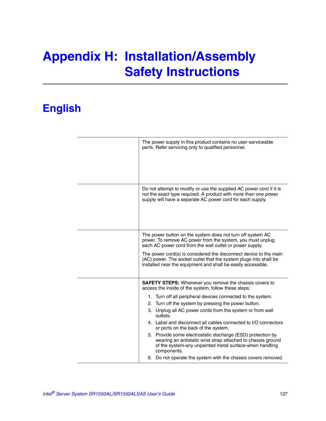 Intel SR1550ALSAS manual Appendix H Installation/Assembly Safety Instructions, English 