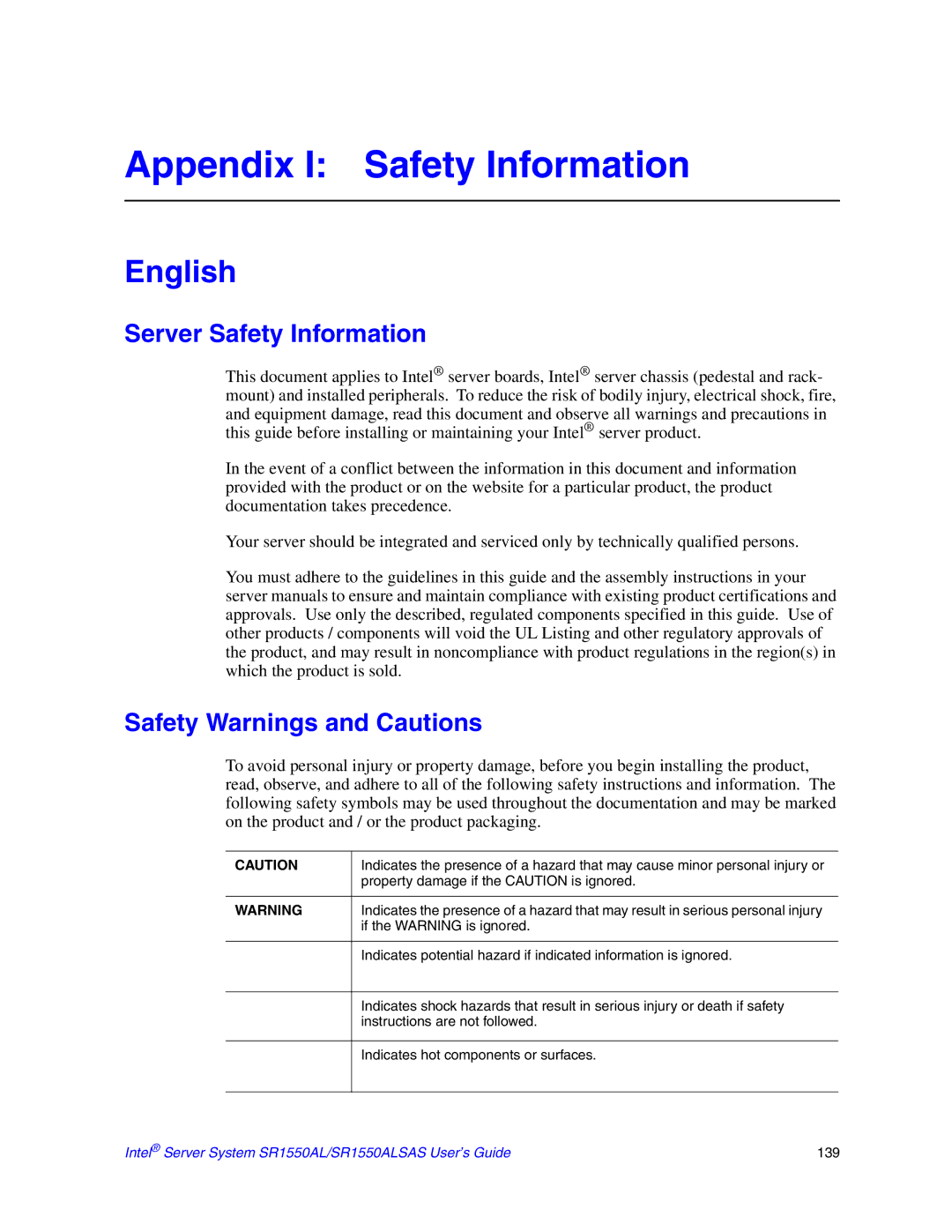 Intel SR1550ALSAS manual Appendix I Safety Information, Server Safety Information, Safety Warnings and Cautions 