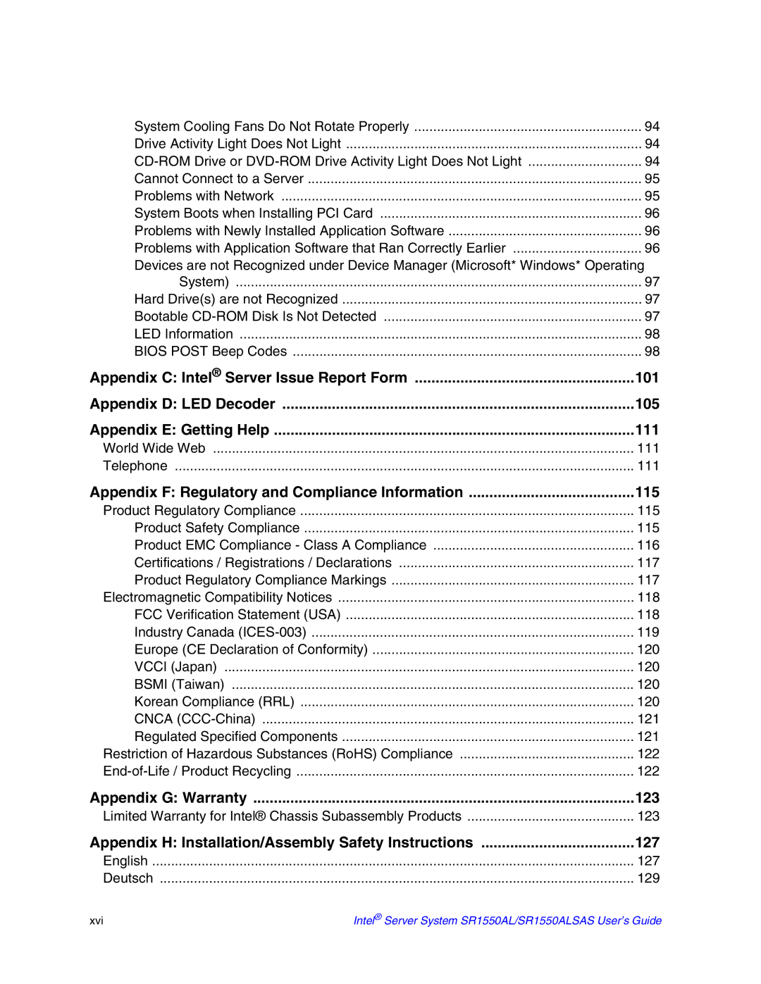 Intel SR1550ALSAS manual Appendix G Warranty 123 