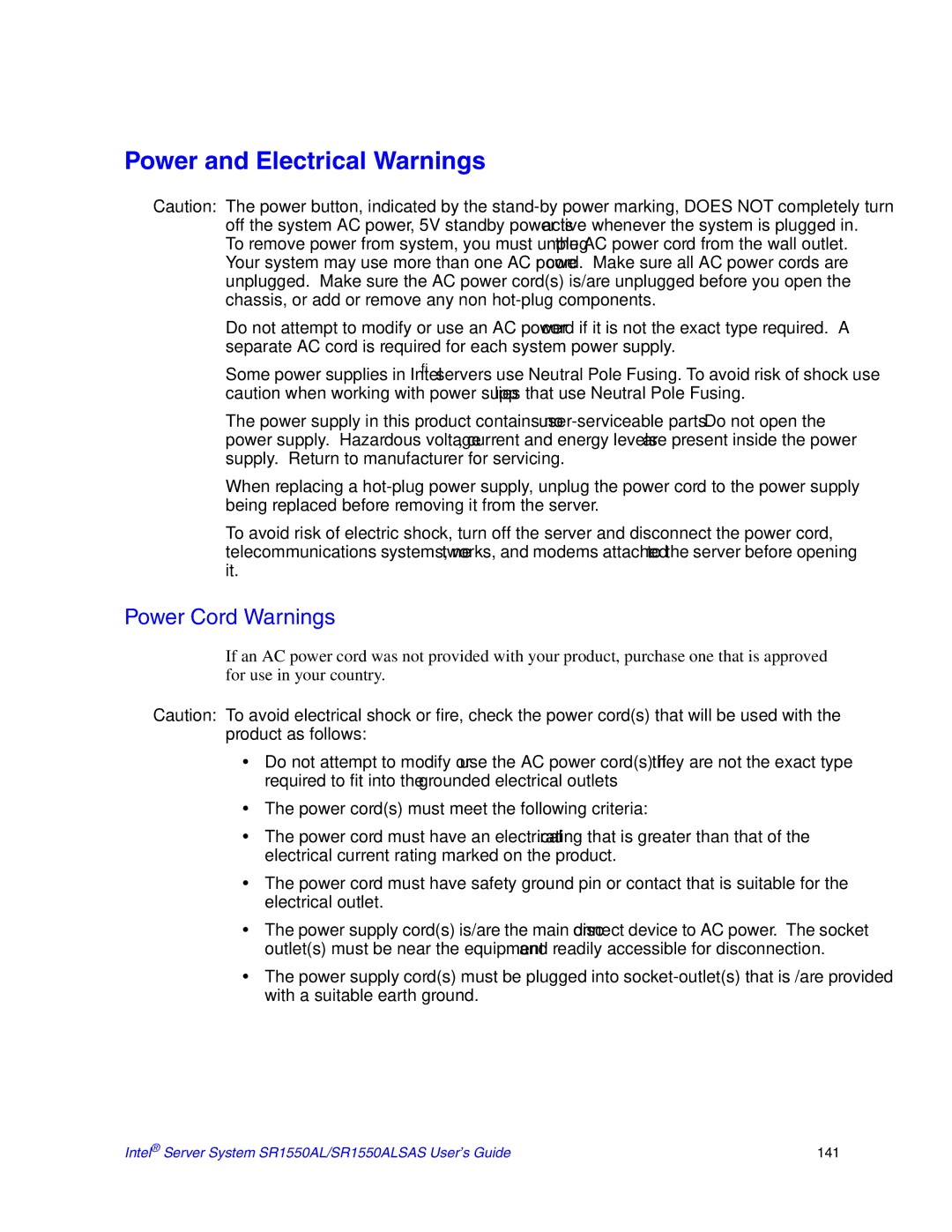 Intel SR1550ALSAS manual Power and Electrical Warnings, Power Cord Warnings 