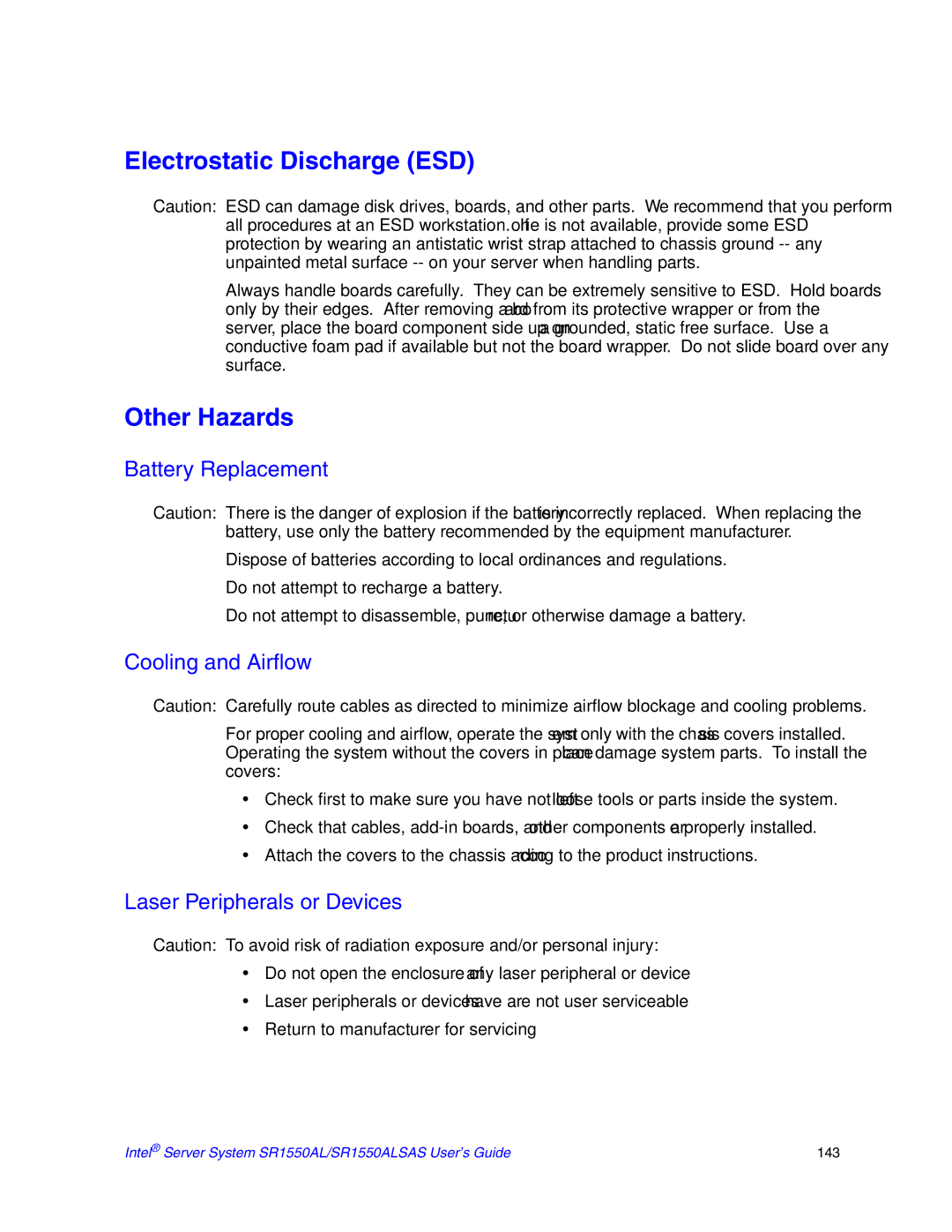 Intel SR1550ALSAS manual Electrostatic Discharge ESD, Other Hazards, Battery Replacement, Cooling and Airflow 