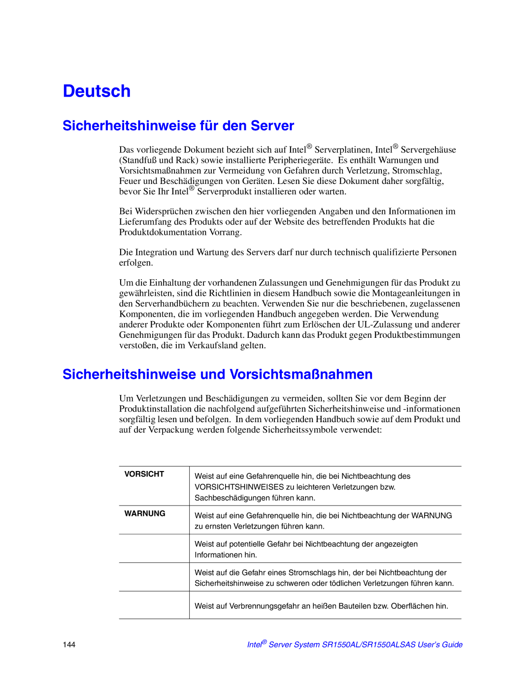 Intel SR1550ALSAS manual Sicherheitshinweise für den Server, Sicherheitshinweise und Vorsichtsmaßnahmen 